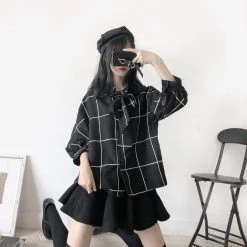 Juwas NEW ARRIVAL Square Pattern Black Ruffle Blouse Shirt