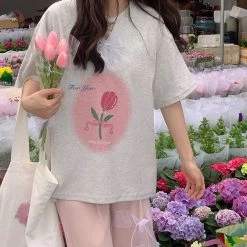 Juwas NEW ARRIVAL Vintage Flowers Print Loose Cotton T-shirt