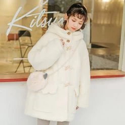 Juwas Kawaii White Fluffy Fur Hooded Winter Coat CLOTHING