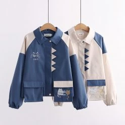 Juwas Japanese Cat Embroidery Pocket Loose Jacket