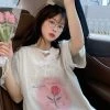 Juwas NEW ARRIVAL Vintage Flowers Print Loose Cotton T-shirt