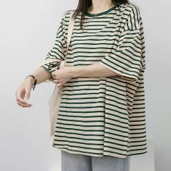 Juwas Stripe Round Collar Loose T-shirt NEW ARRIVAL