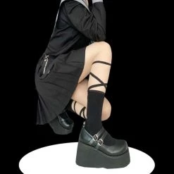 Juwas Chic Goth Cross Strap Knee Socks CLOTHING