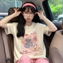 Juwas Vintage Teddy Bear Print Cotton T-shirt NEW ARRIVAL