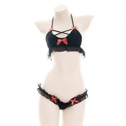 Juwas CLOTHING Kawaii Black And Red Sheer Lace Sleepwear Lingerie Intimate Set