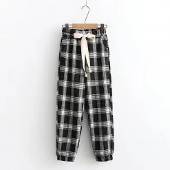 Juwas Plaid Elastic Waist Loose Pants