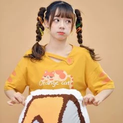 Juwas Cute Orange Cat Graphic Tees