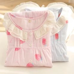 Juwas Sweet Strawberry Cotton Sheer Nightgown- Pink And Blue 13 Juwas Sweet Strawberry Cotton Sheer Nightgown- Pink And Blue