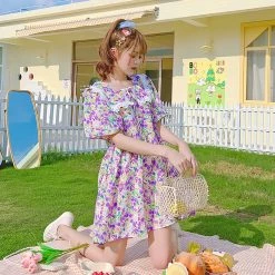 Juwas NEW ARRIVAL Lavender Print Lace Collar Short Baby Doll Dress