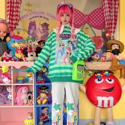Juwas Harajuku Cartoon Print Stripe Loose Hoodie CLOTHING