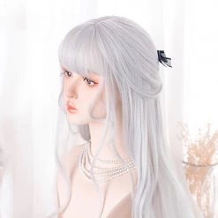 Juwas Lolita Gray White Bang Long Curly Wig