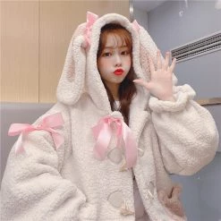 -Juwas Cute Rabbit Ears Horn Buckle Warm Coat