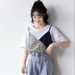 Juwas Plaid Color Block Round Collar T-shirt