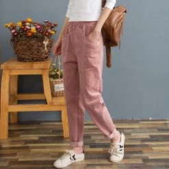 Juwas Pure Color Corduroy Elastic Waist Pants CLOTHING