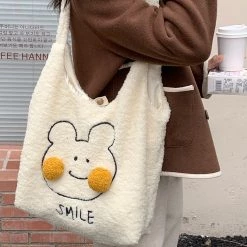 Juwas Cute Bunny Blush Pom Pom Plush Tote Bag