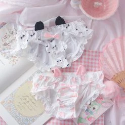 Juwas Cat Ears And Paw Printed Lace Panty