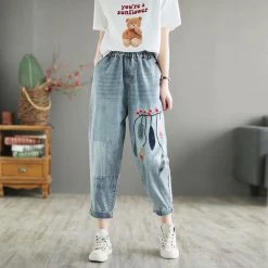 Juwas Leaf Embroidery Elastic Waist Vintage Jeans CLOTHING