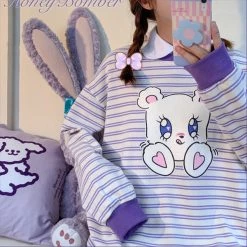 Juwas NEW ARRIVAL Sparkly Eyes Bear Striped Sweatshirt