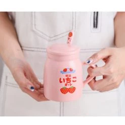 Juwas Sweet Kawaii Japanese Meiji Strawberry Mug With Lid And Stir Spoon
