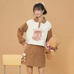 Juwas Cartoon Bear Print Button Collar Sweatshirt Skirt CLOTHING
