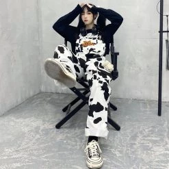 Juwas NEW ARRIVAL Cool Black And White Cow Pattern Overalls