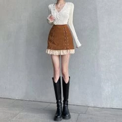 Juwas Cowgirl Lace End Corduroy Mini Skirt NEW ARRIVAL