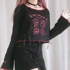 Juwas Devil Puppy Print Bowknot T-shirt