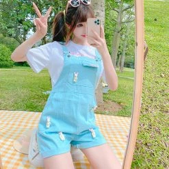 Juwas CLOTHING Rabbits Pockets Denim Overalls