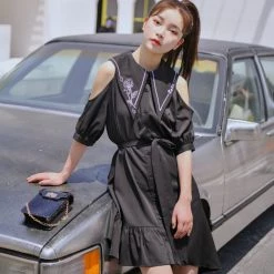 Juwas Black Rose Cut-Out Shoulder Dress