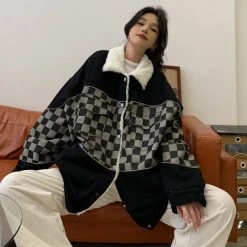 Juwas Gothic Black Checkered Button Up Loose Coat NEW ARRIVAL