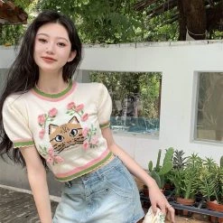 Juwas Flower Tiger Embroidery Short Sleeve Tops NEW ARRIVAL