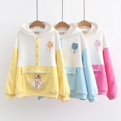 Juwas Cute Kitty Print Button Pocket Warm Hoodie CLOTHING
