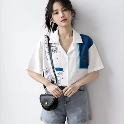 Juwas NEW ARRIVAL Vintage Print Chiffon Short Sleeve Shirt