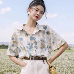 Juwas Vintage Style Leaves Printed Short Sleeve Shirt NEW ARRIVAL