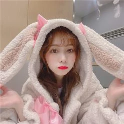 -Juwas Cute Rabbit Ears Horn Buckle Warm Coat