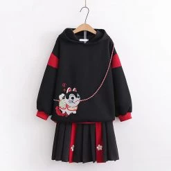 Juwas Vintage Lucky Cat Embroidery Warm Hoodie