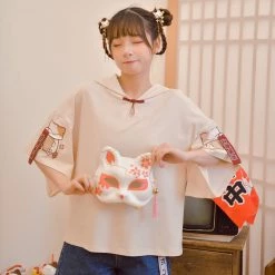 Juwas Japanese Lucky Cat Khaki Hooded Top 14 Juwas Japanese Lucky Cat Khaki Hooded Top