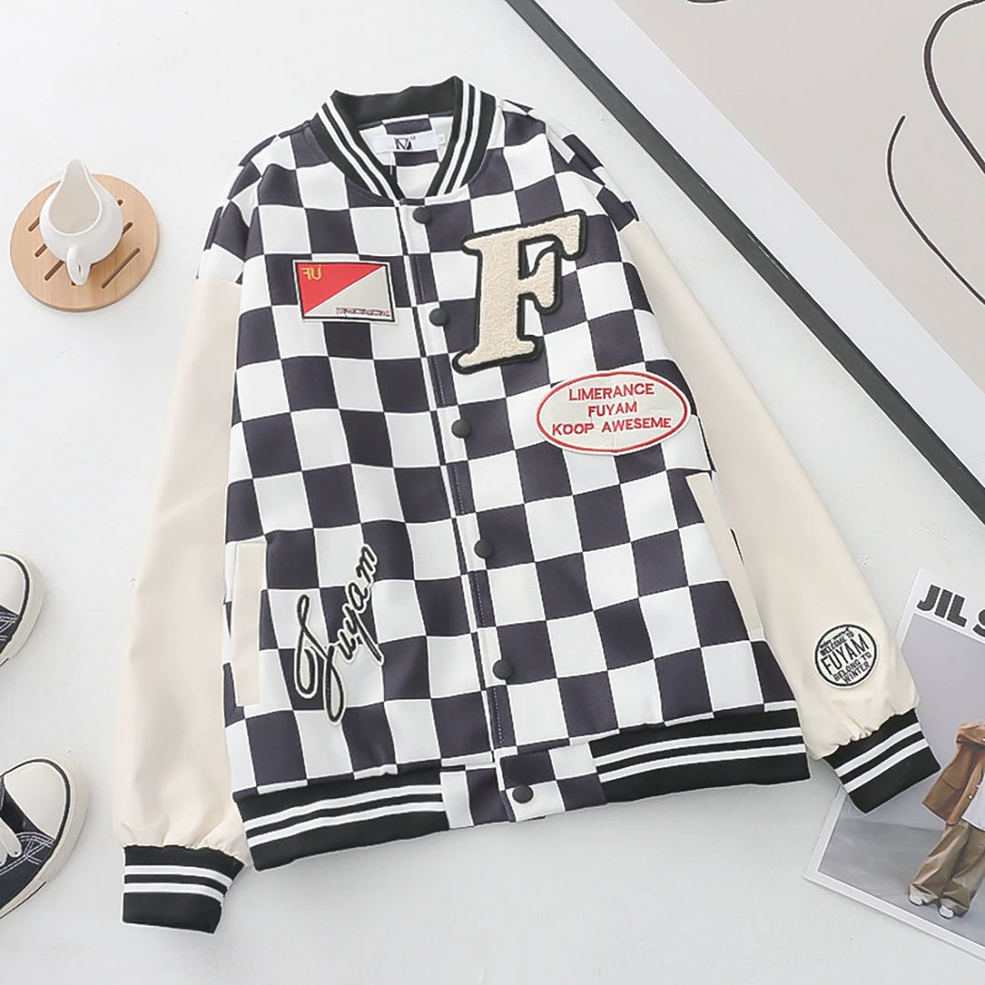 Juwas CLOTHING Checkered Print Pocket Baseball Jacket 5 Juwas CLOTHING Checkered Print Pocket Baseball Jacket