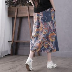 Juwas CLOTHING Retro Flower Patch Denim Midi Skirt