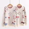 Juwas Kitty Print Round Collar Loose Sweater NEW ARRIVAL