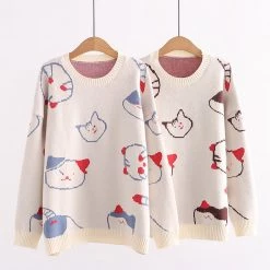 Juwas Kitty Print Round Collar Loose Sweater NEW ARRIVAL