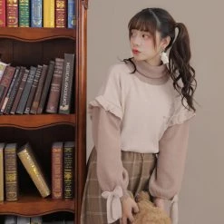 -Juwas NEW ARRIVAL Fake Two-Piece Milk Tea Embroidery Ruffles Sweater