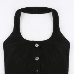 Juwas Retro Black Button Up Halter Crop Top NEW ARRIVAL