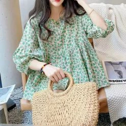 Juwas NEW ARRIVAL Vintage Floral Round Collar Loose Cotton Shirt