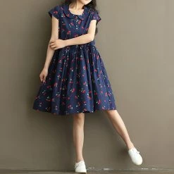 Juwas Cherry Printed Cotton Linen Dress NEW ARRIVAL