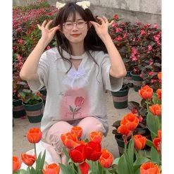 Juwas NEW ARRIVAL Vintage Flowers Print Loose Cotton T-shirt