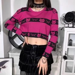 Juwas Gothic Cat Black Pink Knitted Sweater Top CLOTHING