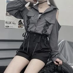 Juwas NEW ARRIVAL Vintage Lace Up Off-The-Shoulder Streetwear Shirt