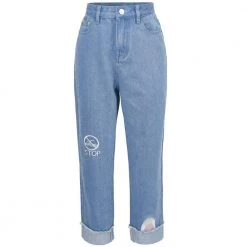 Juwas Kawaii “Stop” Embroidered Denim Mom Jeans