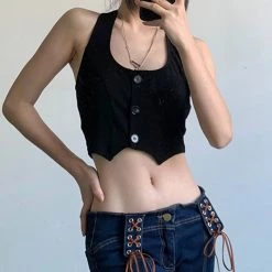 Juwas Retro Black Button Up Halter Crop Top NEW ARRIVAL